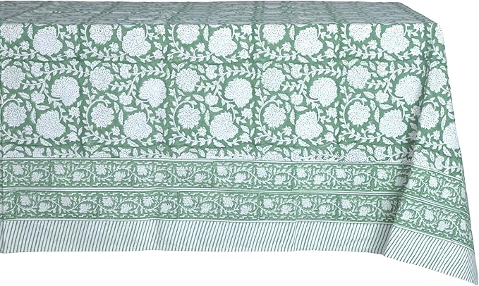 ATOSII Shalimar Green 100% Cotton Square Fall Tablecloth, Handblock Floral Table Cloth Linen for Kitchen Dining I Parties Wedding Outdoors Christmas Thanksgiving I Fall Home Decor 60 X 60 Inches