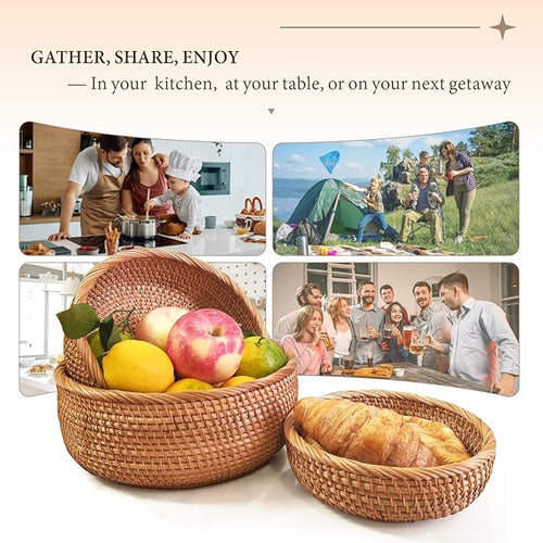 10.2" Large Round Rattan Bread Basket for Fruit, Natural Wicker Fruit Basket for Kitchen Counter, Hand Woven Food Baskets, Bread Baskets for Serving, Fruit, Vegetable, Candy, Nuts, Keys, Wallets, Etc.