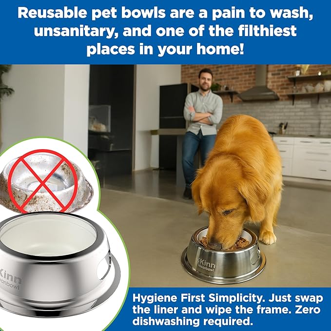 Kinn Kleanbowl Pet Bowl Stainless Steel Frame with Compostable Refills, 32 oz (Pack of 2) – Spill-Proof Stable Disposable Pet Bowls for Easy Cleaning and Healthy Pets, No Plastic