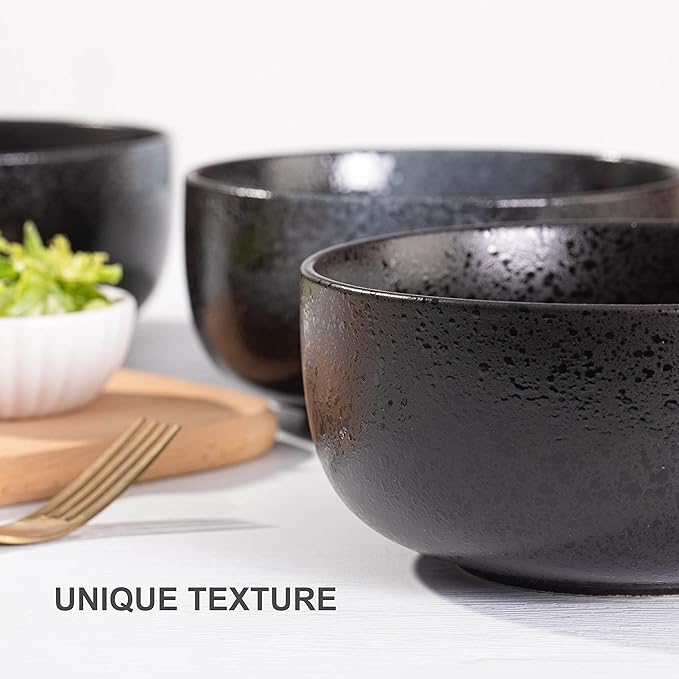 S&Q'S CERAMICS Soup Bowls - 36 Ounce Ceramic Bowl Set, Kitchen Bowls for Large Cereal, Noodle, Soup, Breakfast, Microwave and Dishwasher Safe, [Set of 4], Black and Grey