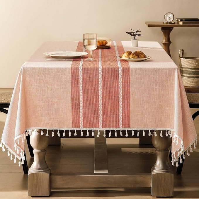 ZeeMart Contrast Linen Table Cloth Rectangle Table Cloths 60x84 Inch Orange, Farmhouse Style Heavy Weight Burnt Orange Fall Tablecloth, Water Resistant Burlap Tablecloths