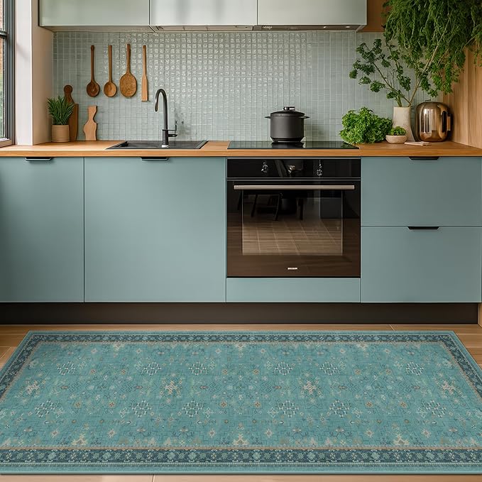 Boho 2x6 Non Slip Kitchen Rug Runner - Teal Washable Rug for Bathroom, Laundry Room, Hallway, Non Slip with Rubber Backing, Floral Aqua Blue Unique Runner Décor