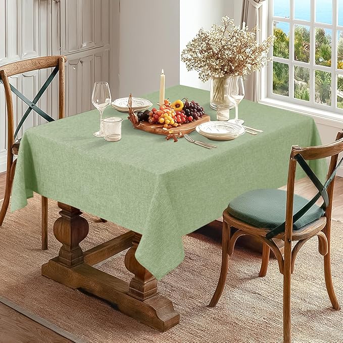 JIUZHEN Rectangle Table Cloth Faux Linen Farmhouse Tablecloth Wrinkle and Stain Resistant Decorative Fabric Table Cover for Kitchen, Dining Room, Parties and Camping, Sage Green, 60 x 102 Inch
