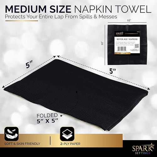 100 Pack Black Beverage Napkins, Big Party Pack, 2 Ply, Ideal for Wedding, Party, Birthday, Dinner, Lunch, Cocktails. (5” x 5”) by Amcrate