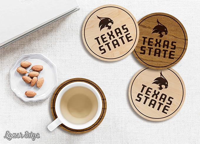 LazerEdge Texas State Bobcats Wooden Coaster Set - Maple Wood - Officially Licensed Product - 4-Pack