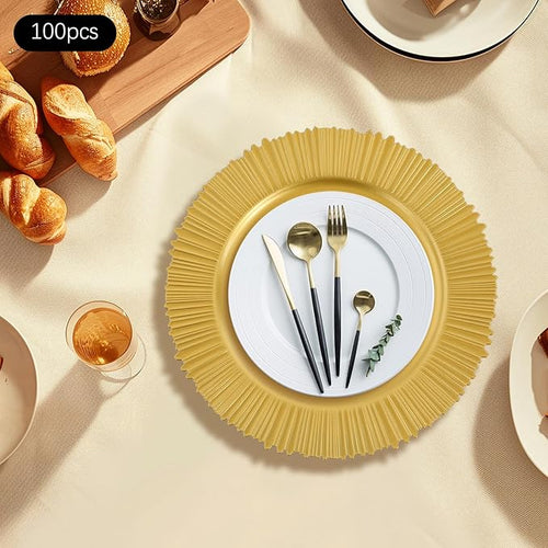 100 Pcs Charger Plates Set, Round Charger Plates, Reusable Serving Plates Embossed Rim Plastic Chargers Plate Decorative Round Plate Chargers