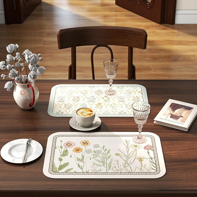 ISAENNE Vintage Floral PVC Placemats Set of 6,Colorful Flower Rectangle Place Mats, Waterproof and Heat-Resistant,Decoration for Kitchen,Dinning,Parties, Holiday,12"*17"