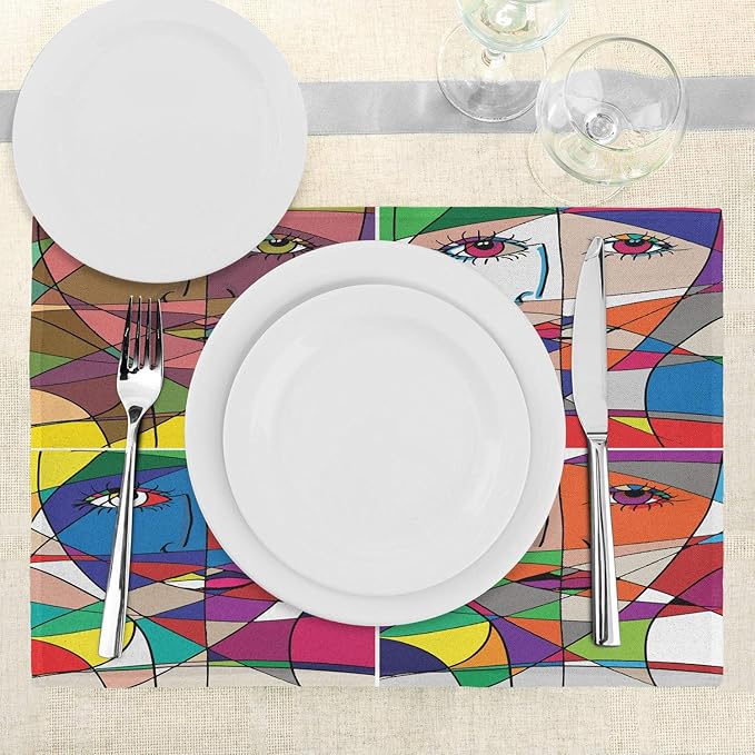 Ambesonne Abstract Place Mats Set of 4, Abstract Woman Face Illustration Behind Stained Glass Styled Human Facial Feature, Washable Fabric Placemats for Dining Room Kitchen Table Decor, Magenta Blue