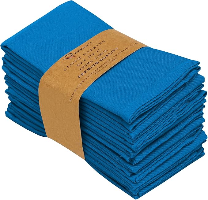 Ruvanti Cloth Napkins Set of 12, 18x18 Inches Napkins Cloth Washable, Soft, Durable, Absorbent, Cotton Blend. Table Dinner Napkins Cloth for Hotel, Lunch, Restaurant, Wedding Event, Parties - Blue