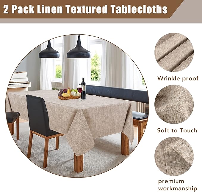 Fitable Nature Faux Linen Tablecloths Rectangle 60 x 84 Inch - 2 Pack Neutral Table Clothes for 4-6 Foot Tables, Wrinkle-Proof Faux Burlap Table Cover for Dining, Farmhouse, Outdoor Picnic, Camping