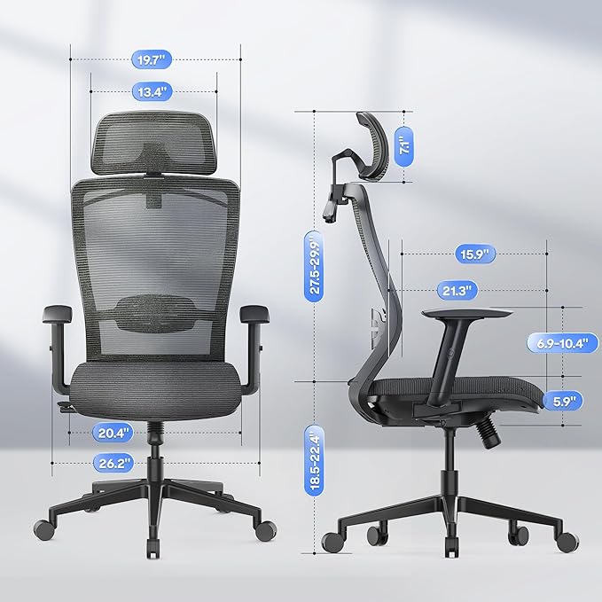 FLEXISPOT Ergonomic Office Chair, High Back Home Office Desk Chairs with Adjustable Lumbar Support, Armrests,90-130° Tilt Lock, Comfort Wide Cushion, Swivel Computer Gaming Chairs for Adults (Gray)