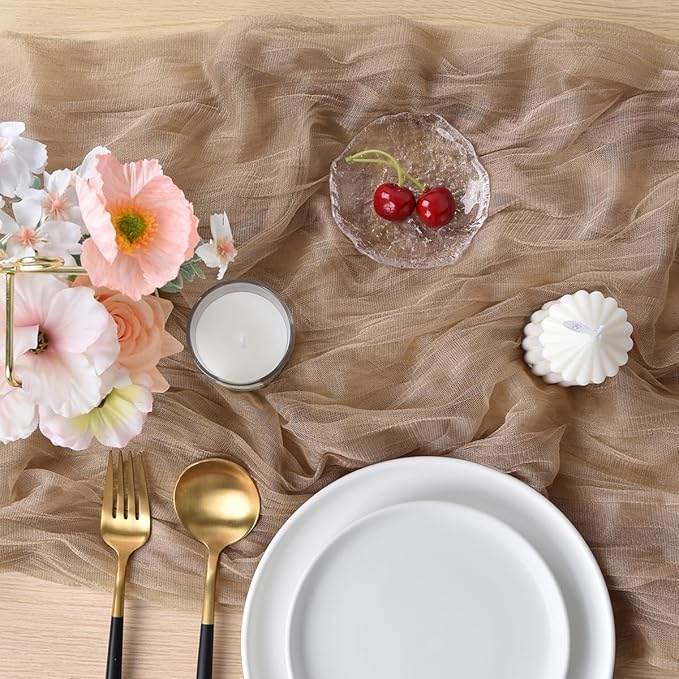 Joanlody Coffee Cheesecloth Table Runner Fall Thanksgiving 10Ft Rustic Gauze Boho Cheese Cloth Table Runner for Wedding Bridal Baby Shower Decoration 6 Pack