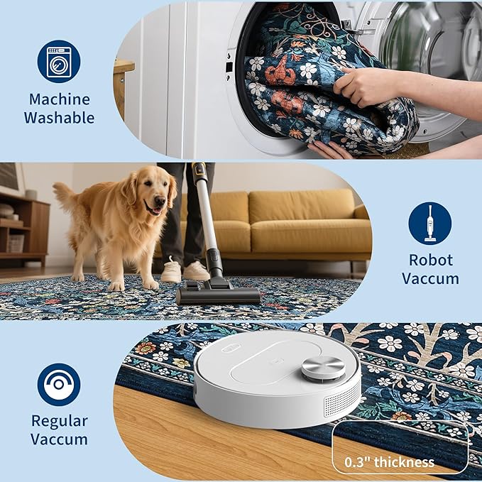 GarveeHome Dark Blue Floral 6 ft Round Rug Washable Non-Slip Soft Low Pile Small Circle Carpet Vintage Rugs for Kitchen Bedroom Nursery Dining Living Room