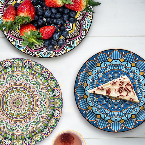 100PCS Boho Paper Plates 7Inch & 9Inch, Vintage Bohemian Disposable Dinnerware Plates for Birthday Gatherings Holiday Favor Baby Shower Party Supplies,50 Guests(Blue,Green,Red,Pink)