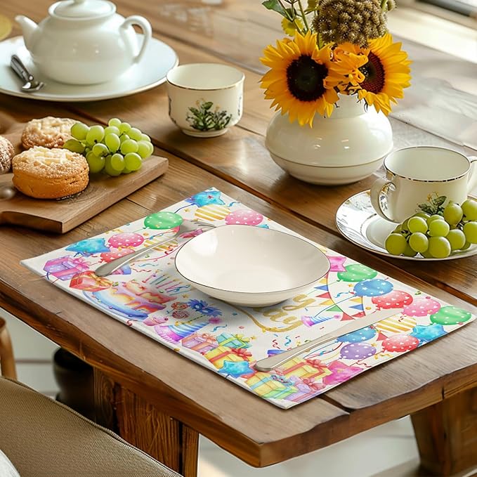 Happy Birthday Placemats Set of 4 Colorful Balloons Confetti Cake Linen Table Mats 12x18 Inch Birthday Party Place Mats for Kitchen Dining Outdoor Indoor Decorations