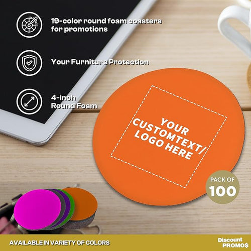 100 Round Foam Bud Coasters Pack, 4 inch - Customizable Text, Logo - PU Foam, Party Favor - Neon Orange