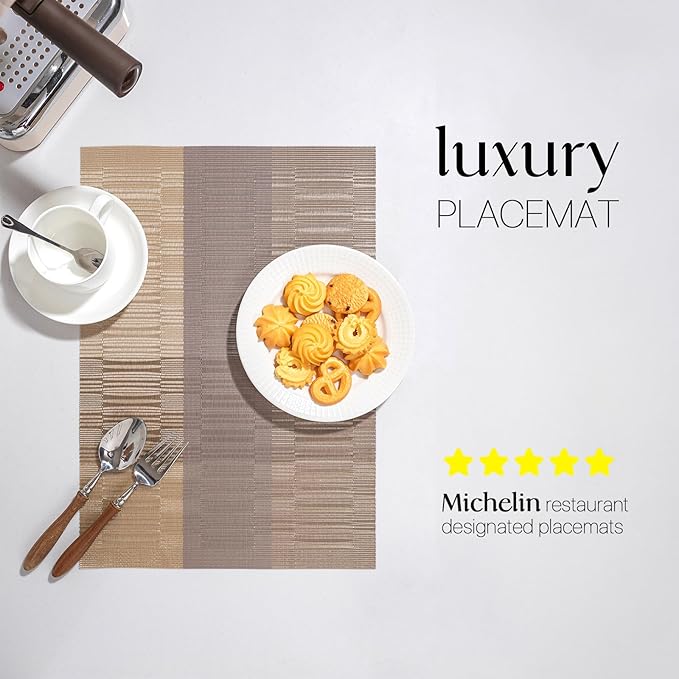 LEXMORE Placemats Set of 8 Vinyl/Plastic Woven Place Mats for Kitchen Table Indoor/Outdoor Washable Placemat Wipeable Dining Table Mats(Gold Dune)