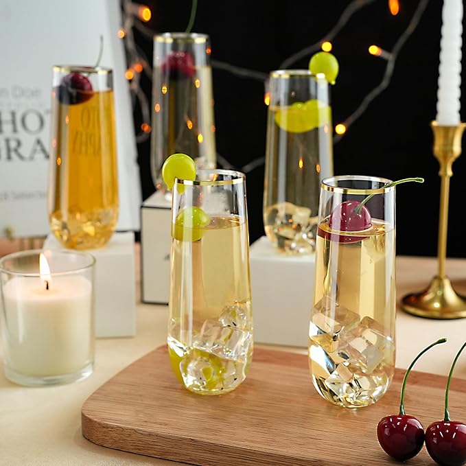 48 Pack 9 oz Stemless Plastic Champagne Flutes, Clear Disposable Champagne Glasses Gold Rim, Shatterproof and BPA-Free Drinkware for Party & Graduation & Wedding