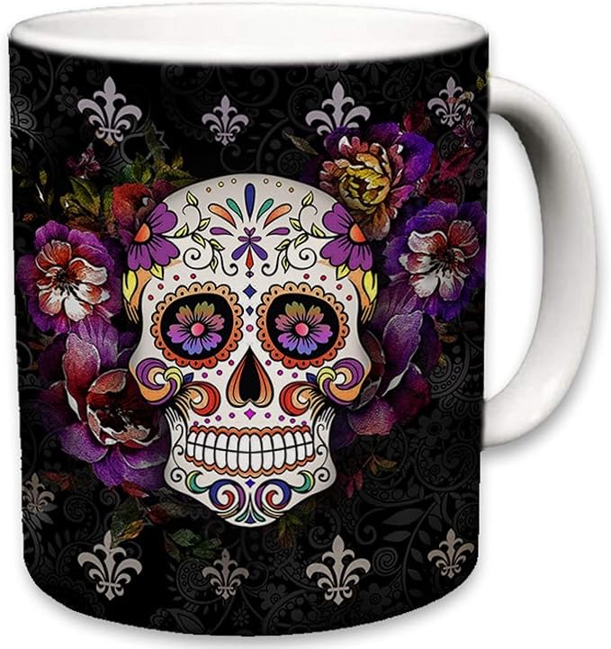 Sweet Gisele Sugar Skull Ceramic Mug, Floral Print Coffee Cup, Day of the Dead Design, Beautiful Vivid Colors, Great Novelty Gifts 11 Fl. Oz Black