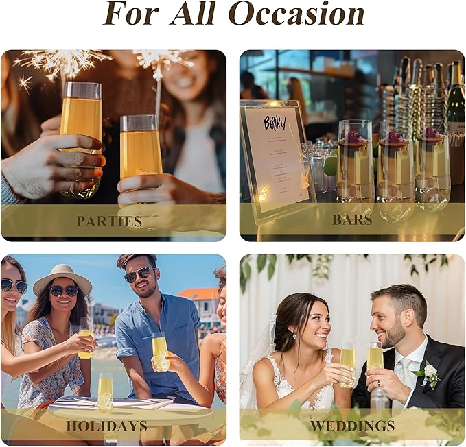 48 Pack 9 oz Stemless Plastic Champagne Flutes, Clear Disposable Champagne Toasting Glasses, Shatterproof and BPA-Free Drinkware for Party & Graduation & Wedding