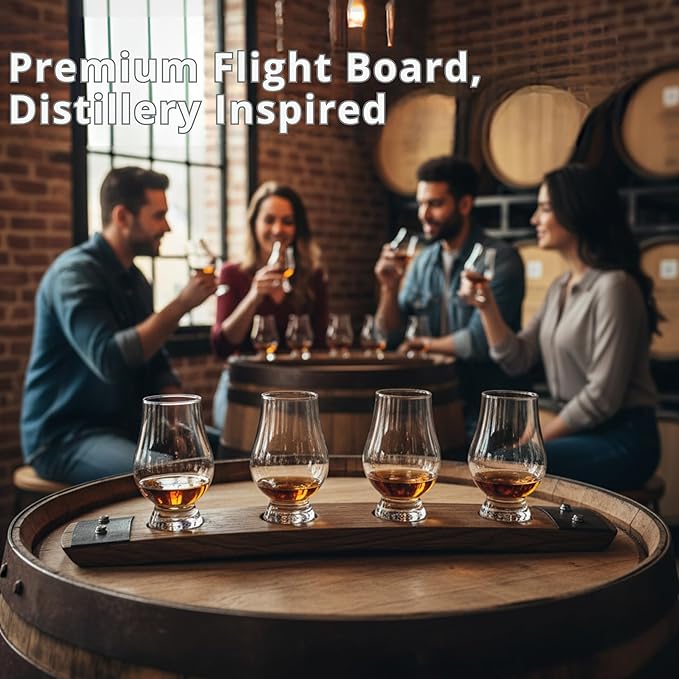 Barrel Stave Premium 4 Glass Whiskey Flight Serving Tray No Glasses Included, Natural