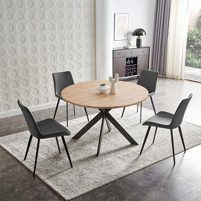 46.4" Round Dining Table Set, Mid Century Modern Round Dining Table for 4-6 Person, w/Steel Legs, Coffee Table for Kitchen Dining Room, Office, Save Space