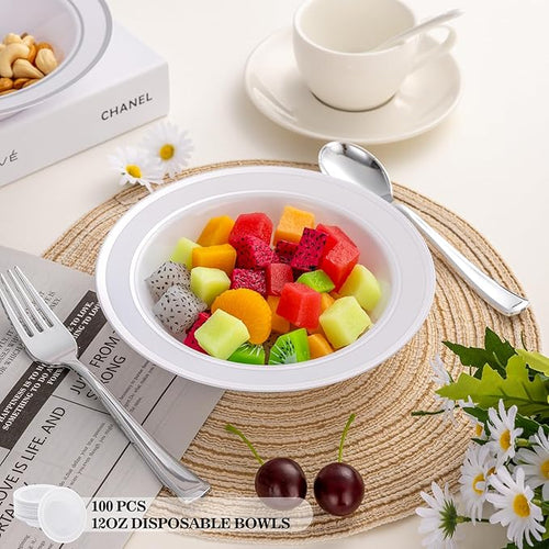 100pc Deep Bowl With White Background And Double Silver Edges, 12oz,Disposable Soup Bowls,Disposable Soup Dessert Salad Bowls for Wedding/Party/Catered Events
