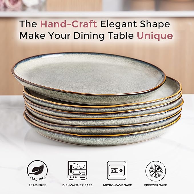 AmorArc Ceramic Dinner Plates Set of 6, 10.5 Inch Handmade Reactive Glaze Stoneware Plates, Rustic Shape Dinnerware Dish Set for Kitchen, Microwave & Dishwasher Safe, Scratch Resistant