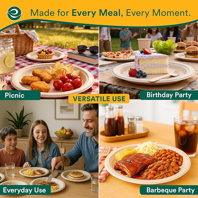 ECO SOUL Compostable 9 Inch(400-Pack) Biodegradable Heavy-Duty Disposable Eco-Friendly Paper Plates for Dinner & Parties, Wedding, Event