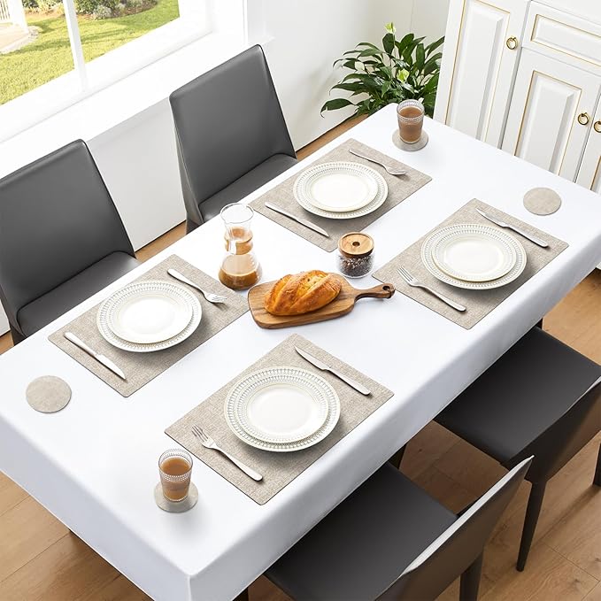 MOSAYT Faux Leather Placemats Set of 6, Heat Resistant Wipeable Washable Vinyl Place Mats with Coasters, Waterproof Oil Proof Table Mats for Kitchen Dining Party Indoor Outdoor, 12" x 17", Beige