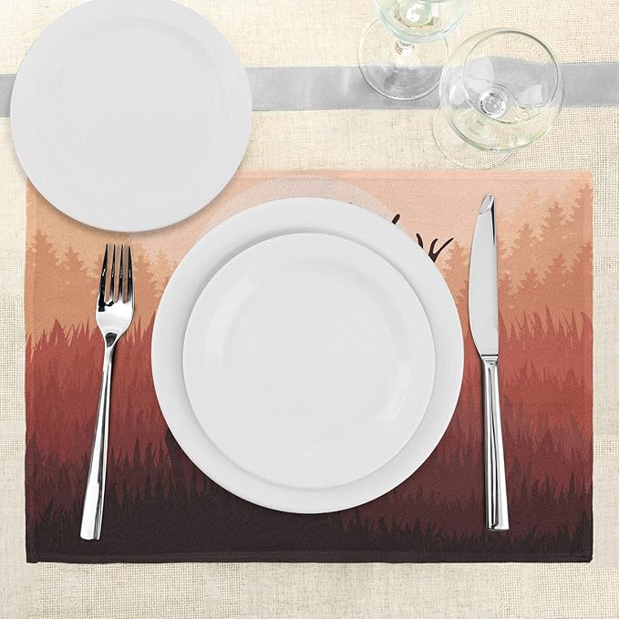 Ambesonne Moose Place Mats Set of 4, Antlers in Wild Alaska Forest Rusty Abstract Landscape Design Deer Theme Woods, Washable Fabric Placemats for Dining Table, Standard Size, Peach Brown