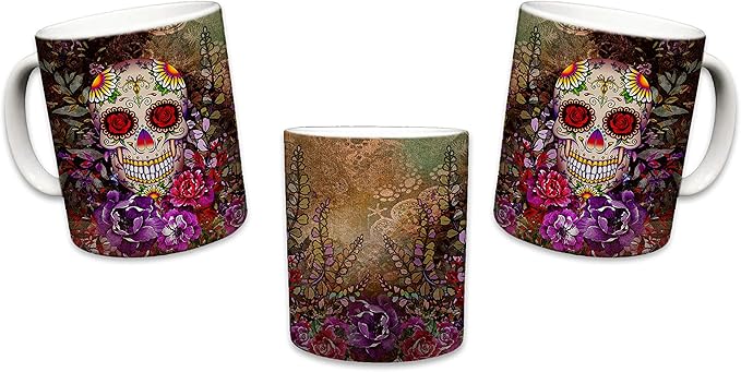 Sweet Gisele Sugar Skull Ceramic Mug, Floral Print Coffee Cup, Day of the Dead Design, Beautiful Vivid Colors, Great Novelty Mugs 11 Fl Oz Multicolored