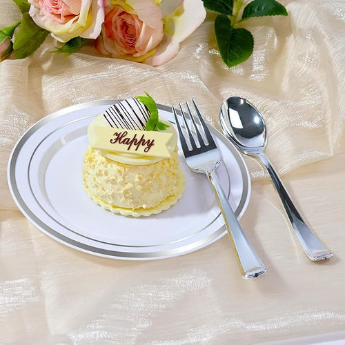 100 PCS Silver Plastic Plates, Silver Plastic Disposable Plates Include 50 Dinner Plate and 50 Dessert Plate Perfect for Holiday, Birthday, Wedding & Party