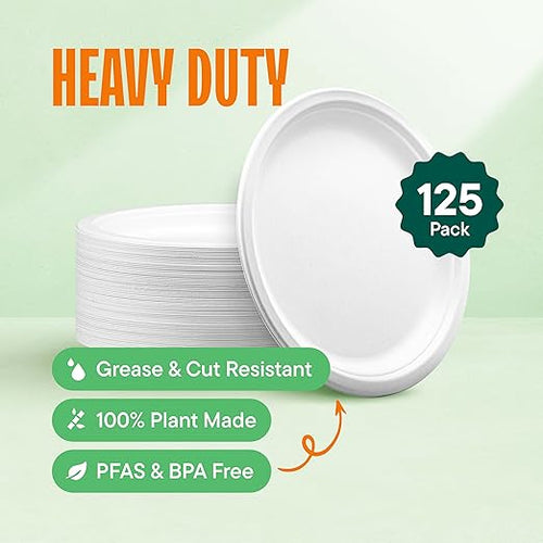 100% Compostable Disposable Paper Plates [125-Pack] - (PFAS-Free) - [10 Inch] Heavy Duty, Eco-Friendly, Biodegradable Bagasse Dinner Plates - Natural Brown 10" Plate by Stack Man (BPI Certified)