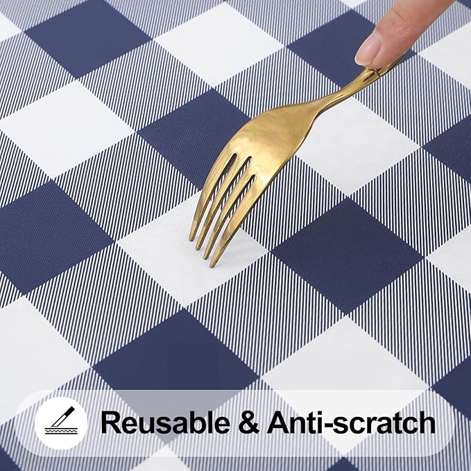 Smiry Square Picnic Table Cloth, Elastic Waterproof Fitted Vinyl Tablecloths, Flannel Backed Buffalo Plaid Table Covers for Dining, Camping, Outdoor (White and Navy, 24" x 24")
