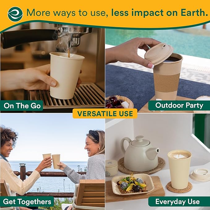 ECO SOUL 200 Pack 16 oz Disposable Coffee Cups with Lids & Sleeves Eco-Friendly, Biodegradable, Compostable, Leak-free & Sturdy To Go Hot Drink Cup for Tea, Chocolate Party Travel Cafe Office & Home