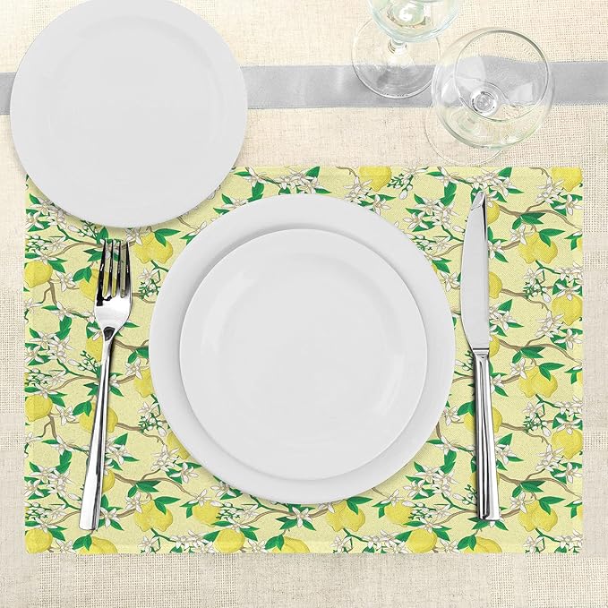 Ambesonne Lemons Place Mats Set of 4, Blooming Lemon Flowers on Tree Branches with Buds and Ripe Fruits, Washable Fabric Placemats for Dining Table, Standard Size, Yellow Fern