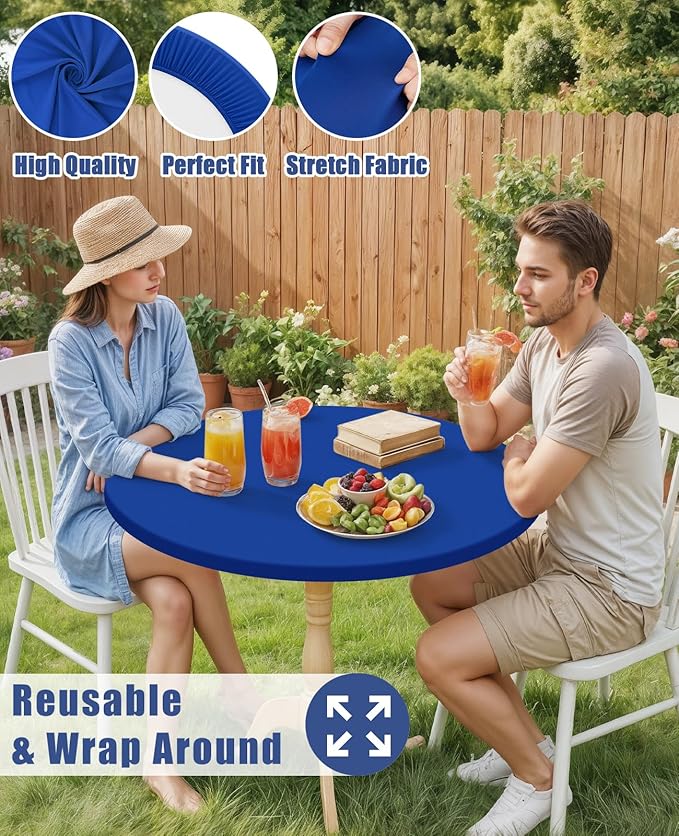 Round Spandex Tablecloth, Elastic Fitted Waterproof Tablecloths for 31"-35" Tables, Stretch Washable Picnic Table Cover for Camping, Dining, Indoor and Outdoor, Blue
