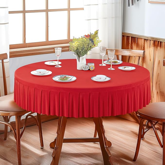 2 Pack Red Spandex Round Tablecloths for 60 inch Table - Stretchy Fitted 5FT Table Cloths with Skirt - Wrinkle Free for Wedding Party Dining Banquet