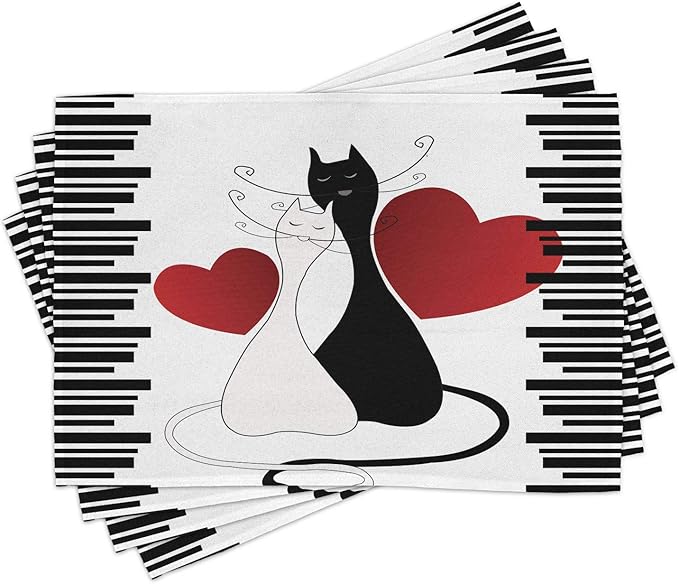 Ambesonne Cats Place Mats Set of 4, Romantic Kittens Pets Couple 2 Tails Hearts and Black Stripes Animals in Love, Washable Fabric Placemats for Dining Table, Standard Size, White and Black