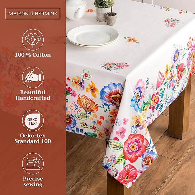 Maison d' Hermine Table Cloth Rectangle Table 100% Cotton 60 x 108 Inches Tablecloth Reusable Decorative for Dining Room Farmhouse Valentines Day Decorations Spring Summer- Happy Florals - High Summer