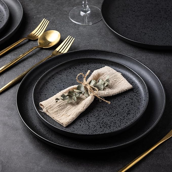 AmorArc Ceramic Dinner Salad Plates Set of 6, Wavy Rim 8.5 Inch Dish Set, The Dessert,Salad, Appetizer, Small Dinner etc Plate,Microwave, Dishwasher Safe, Scratch Resistant - Matte Speckled