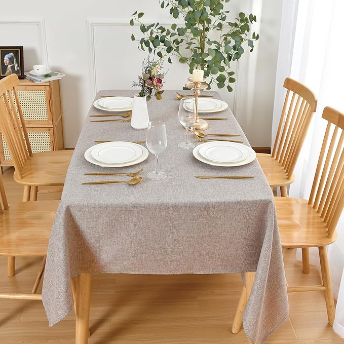 JIUZHEN Rectangle Table Cloth Faux Linen Farmhouse Tablecloth Wrinkle and Stain Resistant Decorative Fabric Table Cover for Kitchen, Dining Room, Parties and Camping, Stone, 60 x 102 Inch