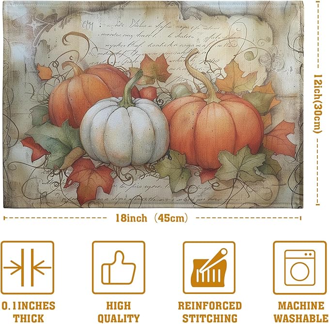 Fall Pumpkin Maple Leaf Placemats Set of 4, 12x18 Inch Vintage Autumn Harvest Rustic Leaves Table Mats Seasonal Fall Thanksgiving Washable Linen Fabric Place Mats for Party Kitchen Dining Decor