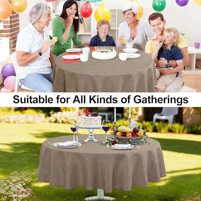 JIUZHEN Round Table Cloth Faux Linen Farmhouse Tablecloth Wrinkle and Stain Resistant Decorative Fabric Table Cover for Kitchen, Dining Room, Parties and Camping, Khaki, 80 Inch Round