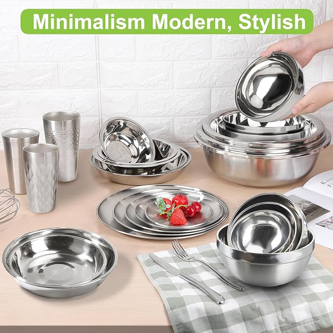 Stainless Steel Bowls, 4 Pack 5.9in 20.6oz 610ml Medium SUS304 Double Wall Insulated Stackable Metal Cereal Bowl Containers for Dishes Eating Serving Snacks Ice Cream Soup Food Rice Salad