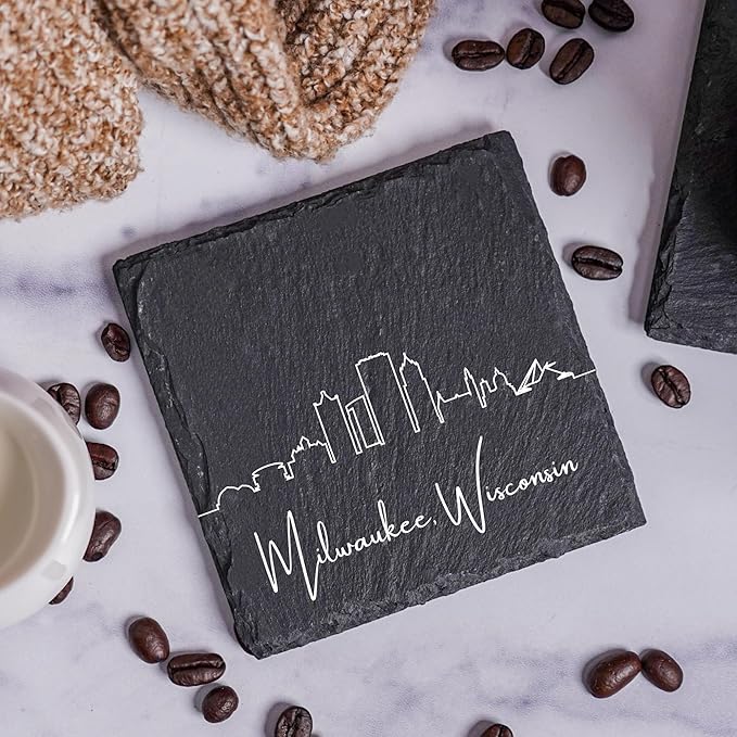 Blue Ridge Mountain Gifts - Milwaukee WI Skyline Coasters, Set of 4 - Milwaukee Wisconsin Souvenir, Slate Coasters with Minimalist Skyline, Housewarming Gift for Friends, Family, & Neighbors