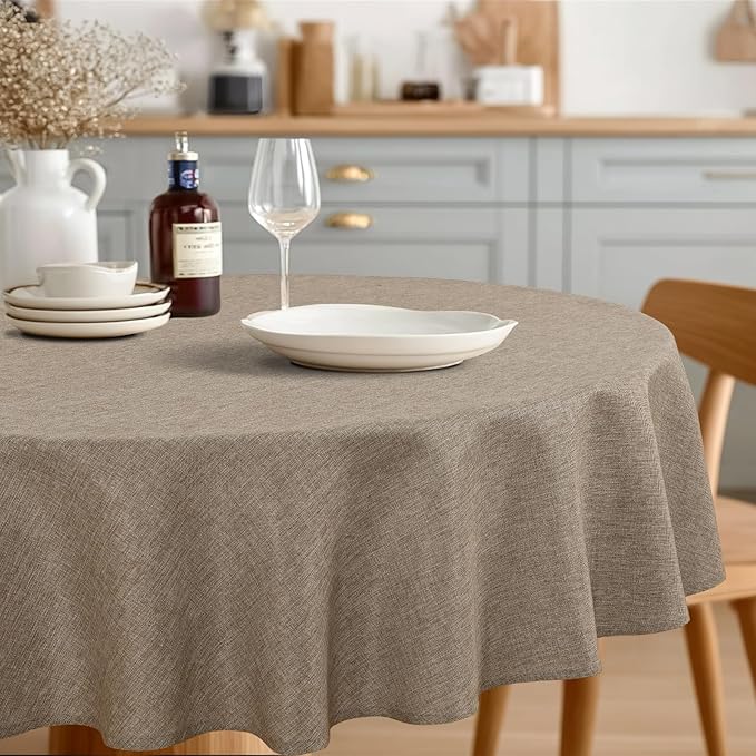 JIUZHEN Round Table Cloth Faux Linen Farmhouse Tablecloth Wrinkle & Stain Resistant Table Cover for Kitchen Dining, Holiday Party Dinner, Khaki, 108 Inch Round