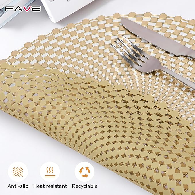 FAVE Set of 12 Round Gold Vinyl Placemats, Luxury Spiral Pattern for Formal Events, Restaurant, Parties, Birthdays (15 Inch,12PCS)