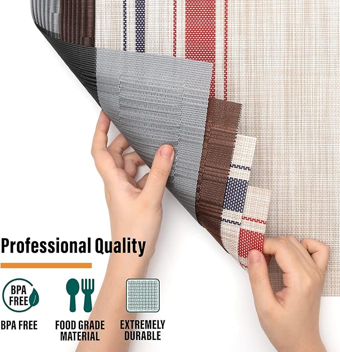 Winknowl Placemats Set of 8, Heat Resistant Non-Slip Vinyl Woven Table Mats for Dining Table, Washable Durable Elegant Place Mats for Kitchen Indoor/Outdoor Use (Black)